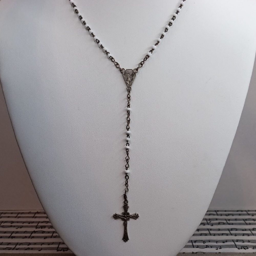 Estate Silver Tone White Seed Bead Rosary Vintage Italy